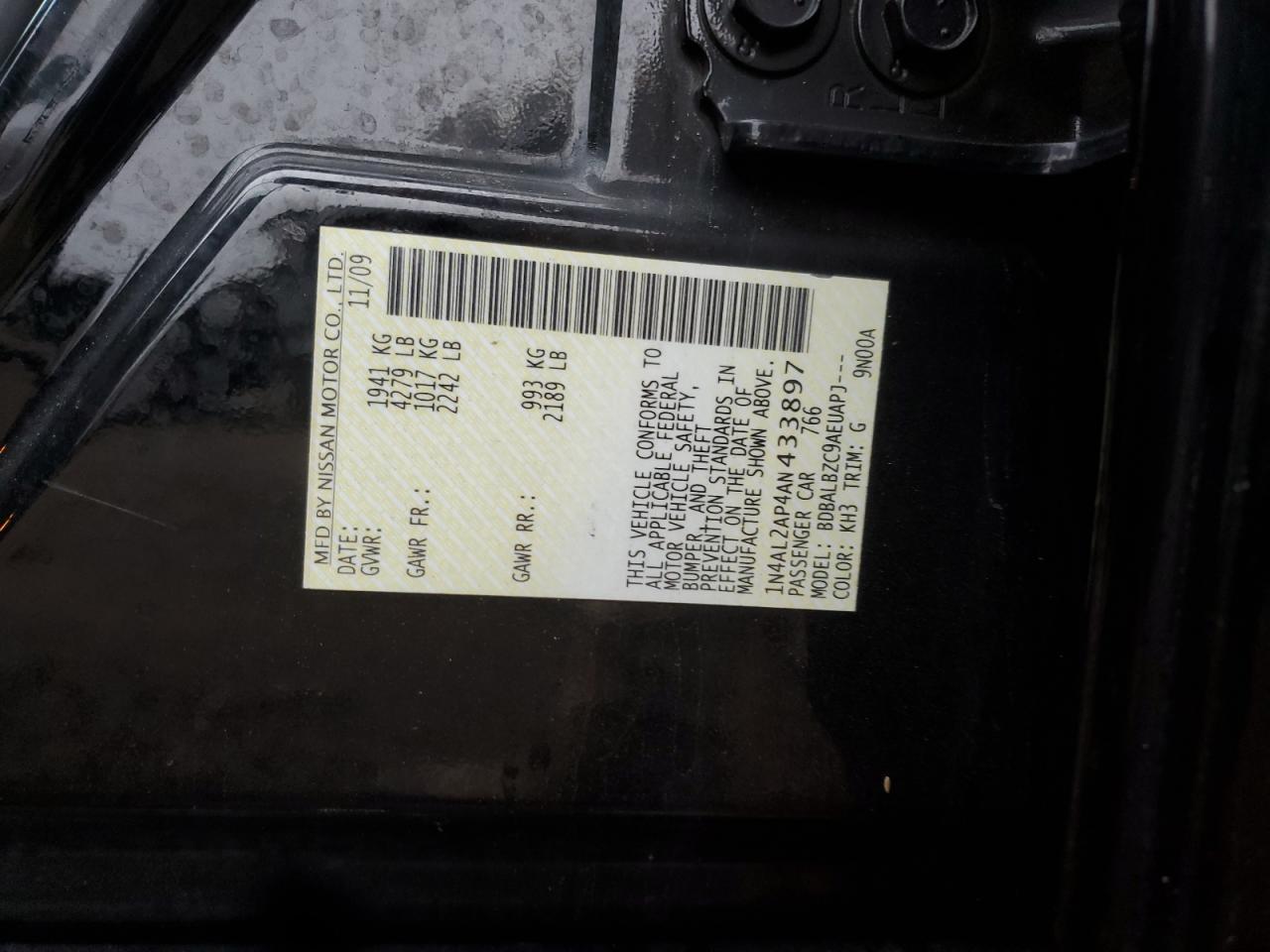 2010 Nissan Altima Base VIN: 1N4AL2AP4AN433897 Lot: 93417185