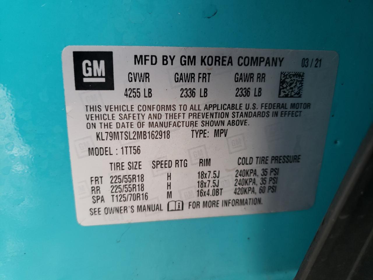 2021 Chevrolet Trailblazer Rs VIN: KL79MTSL2MB162918 Lot: 91679305