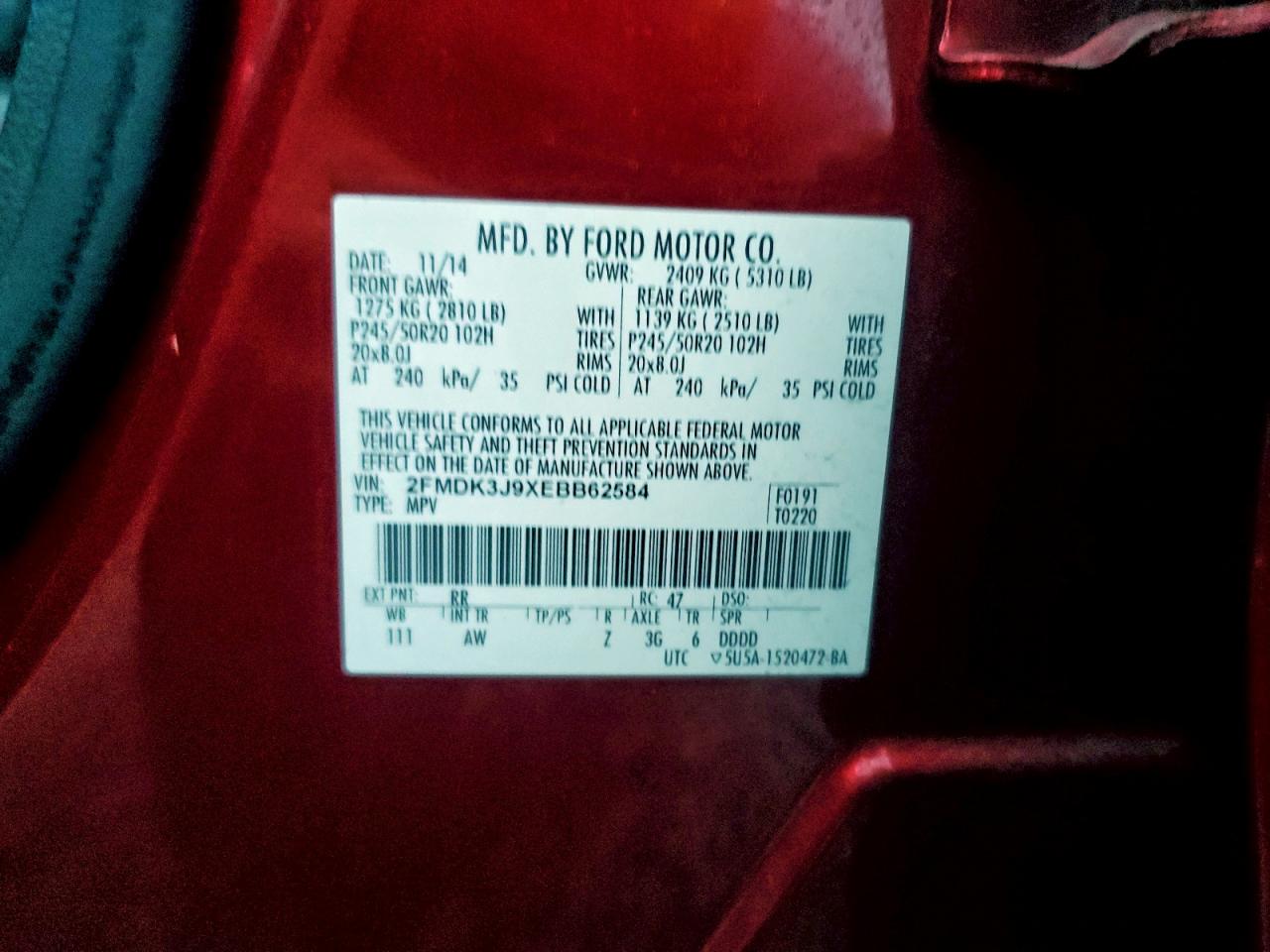 2014 Ford Edge Sel VIN: 2FMDK3J9XEBB62584 Lot: 93504085