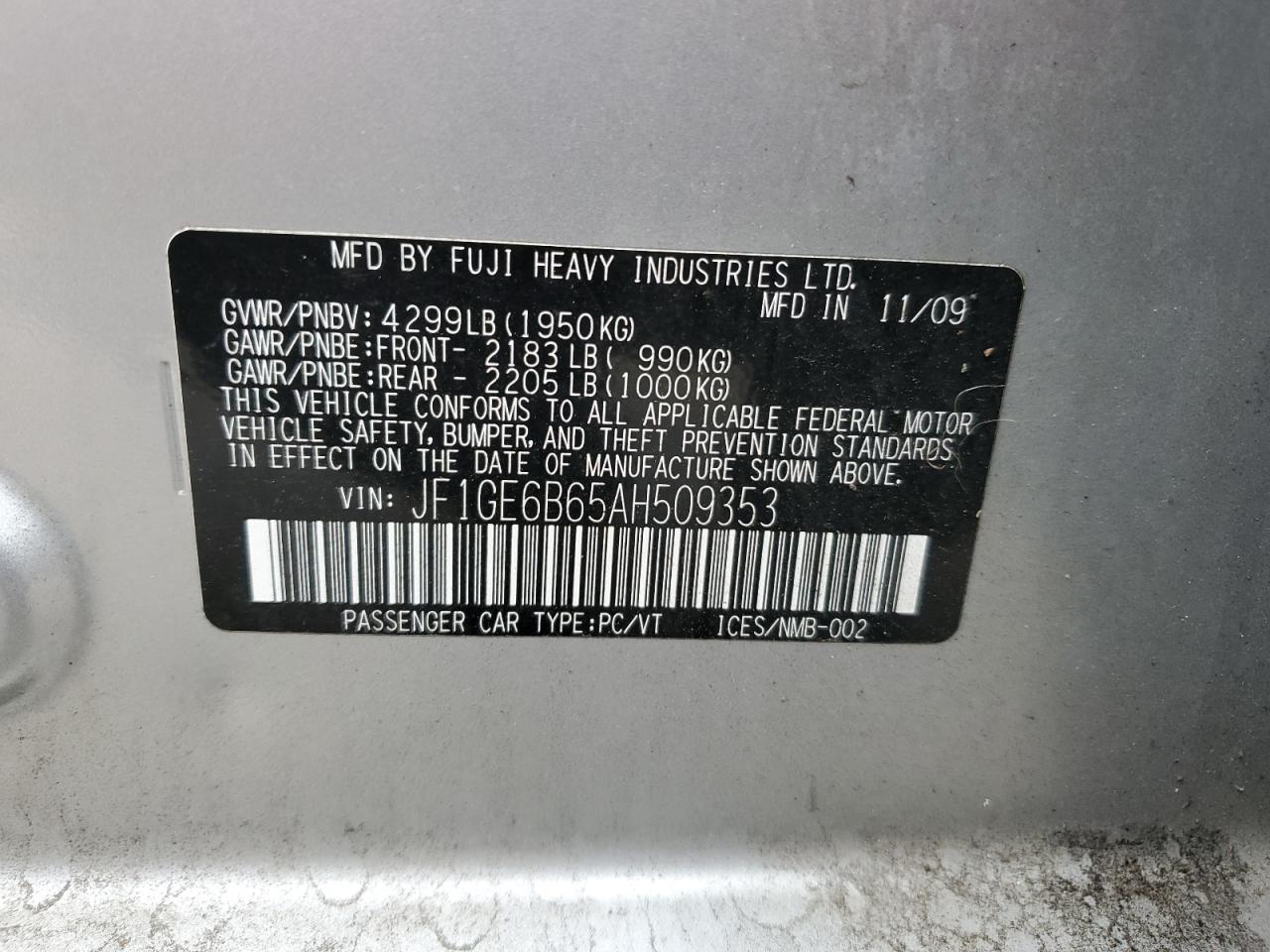 2010 Subaru Impreza 2.5I Premium VIN: JF1GE6B65AH509353 Lot: 91596485