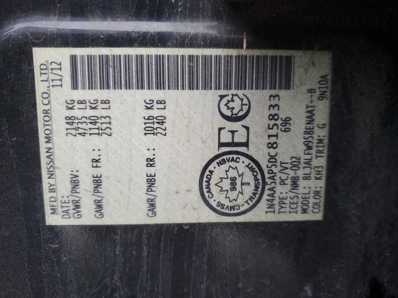 2013 Nissan Maxima S VIN: 1N4AA5AP5DC815833 Lot: 92368435