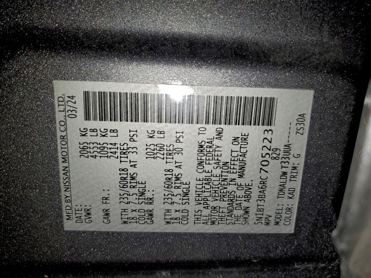 2024 Nissan Rogue Sv VIN: 5N1BT3BA6RC705223 Lot: 94327595