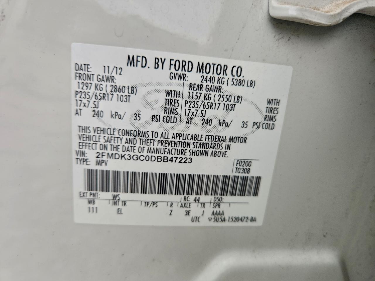 2013 Ford Edge Se VIN: 2FMDK3GC0DBB47223 Lot: 94034255