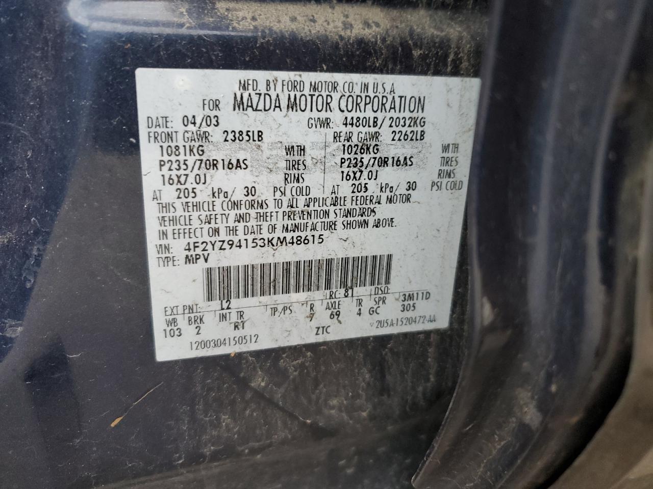 2003 Mazda Tribute Lx VIN: 4F2YZ94153KM48615 Lot: 93405555