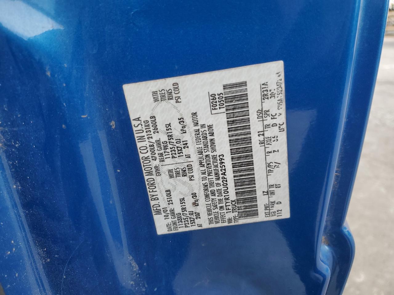 2002 Ford Ranger VIN: 1FTYR10U02PA25993 Lot: 92066245