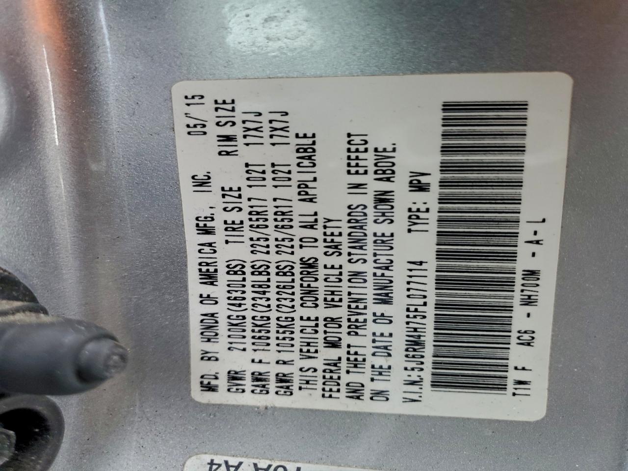 2015 Honda Cr-V Exl VIN: 5J6RM4H75FL077114 Lot: 93762155