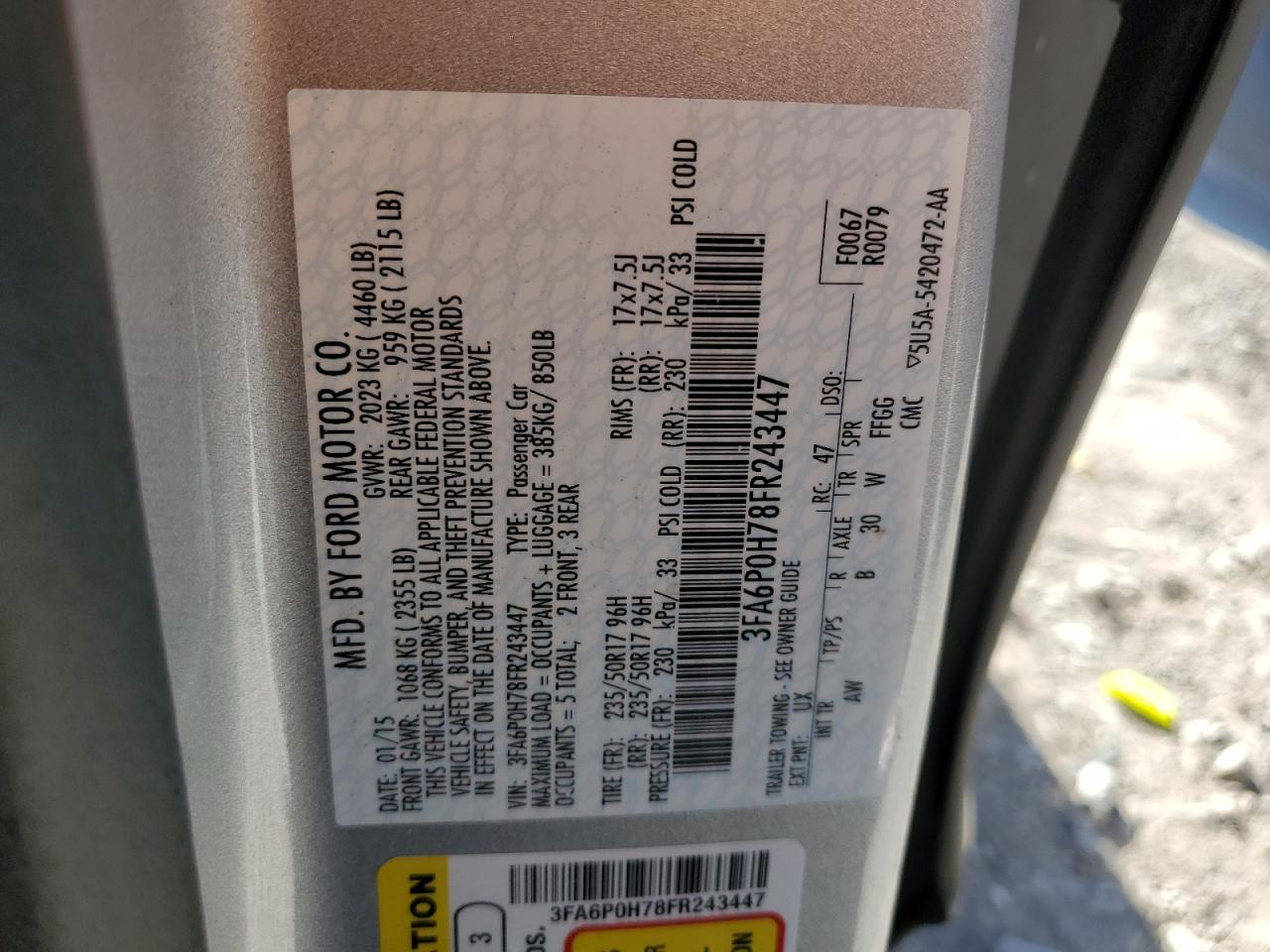 2015 Ford Fusion Se VIN: 3FA6P0H78FR243447 Lot: 92910055