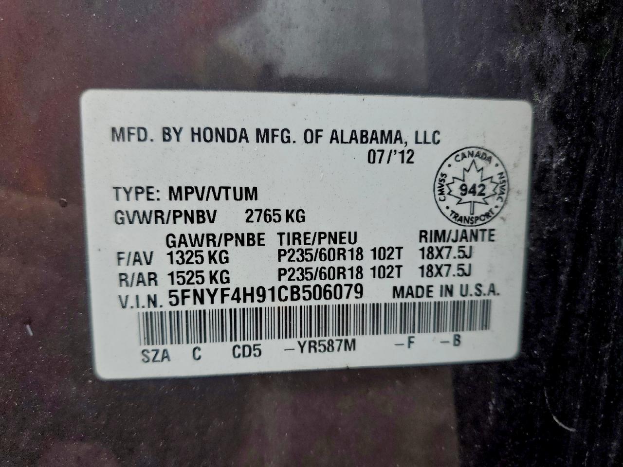 2012 Honda Pilot Touring VIN: 5FNYF4H91CB506079 Lot: 94635035