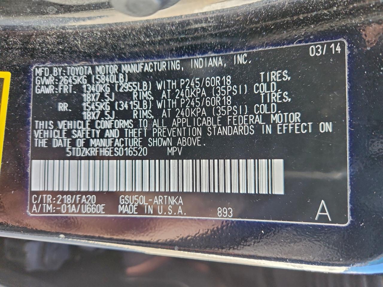 2014 Toyota Highlander Le VIN: 5TDZKRFH6ES016520 Lot: 94329435