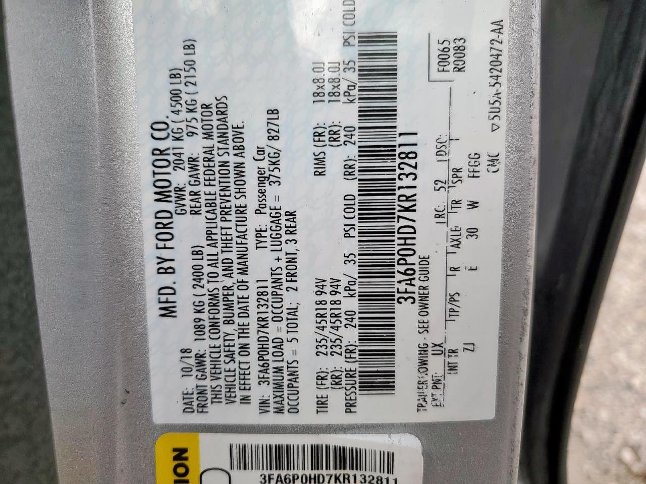 2019 Ford Fusion Se VIN: 3FA6P0HD7KR132811 Lot: 87477405