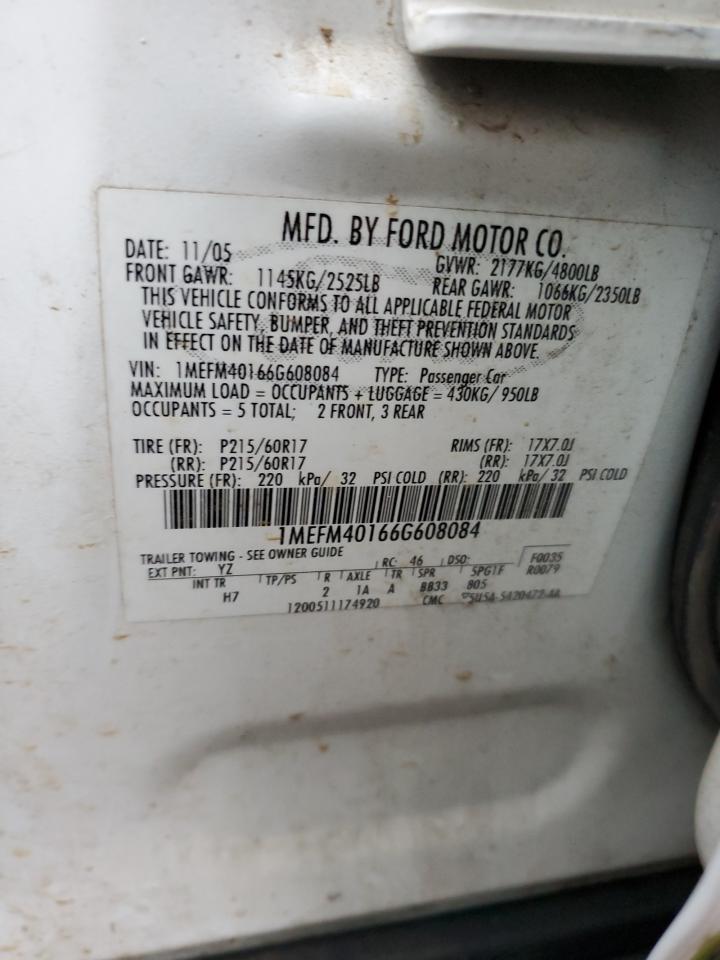 2006 Mercury Montego Luxury VIN: 1MEFM40166G608084 Lot: 93651155