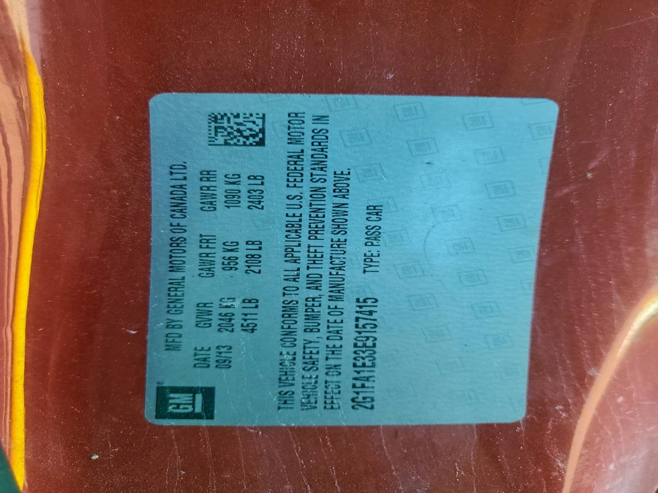 2014 Chevrolet Camaro Ls VIN: 2G1FA1E33E9157415 Lot: 94518125