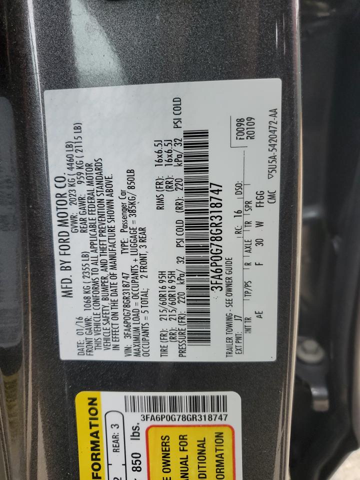 2016 Ford Fusion S VIN: 3FA6P0G78GR318747 Lot: 93158745