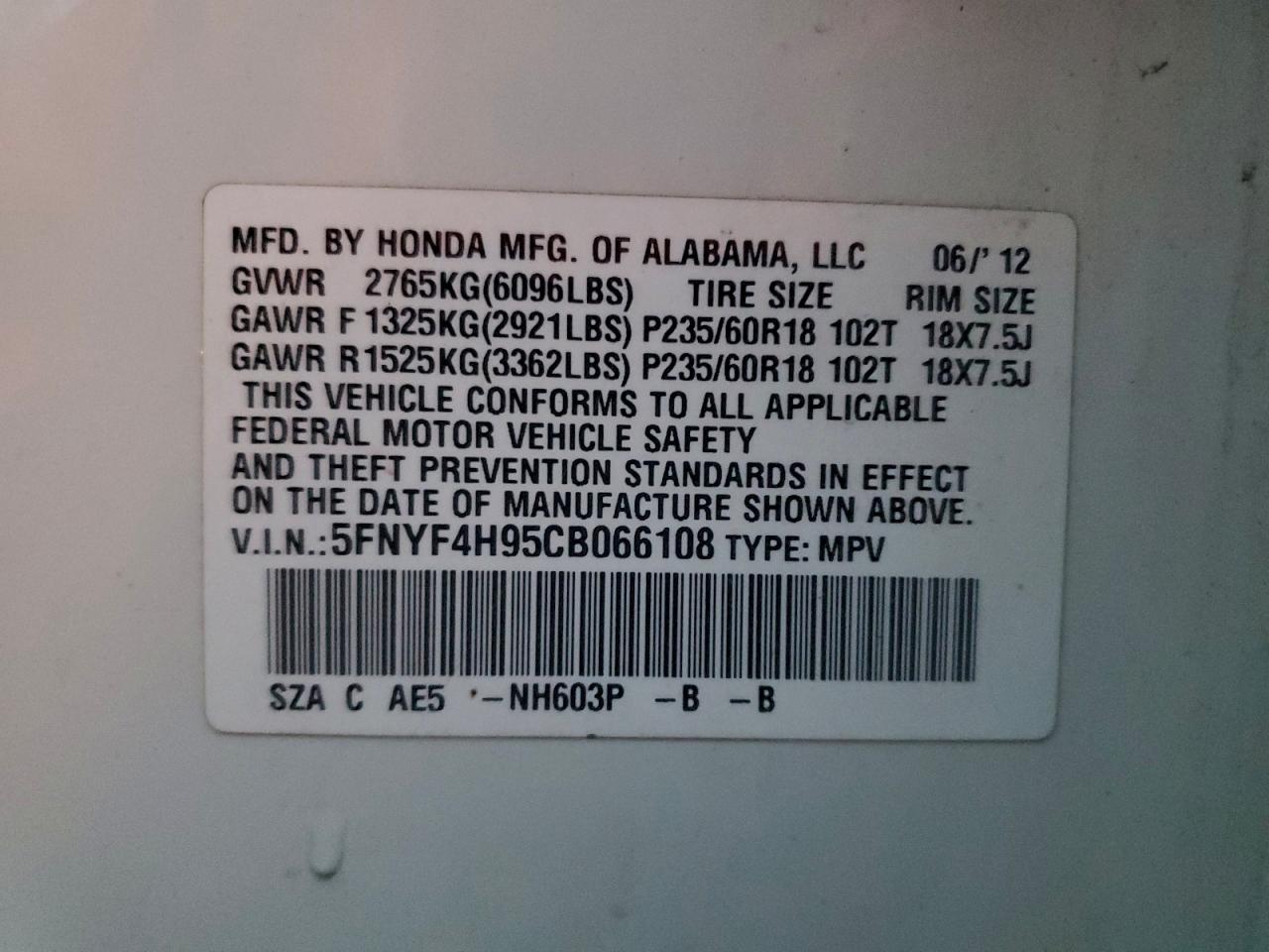2012 Honda Pilot Touring VIN: 5FNYF4H95CB066108 Lot: 94512355