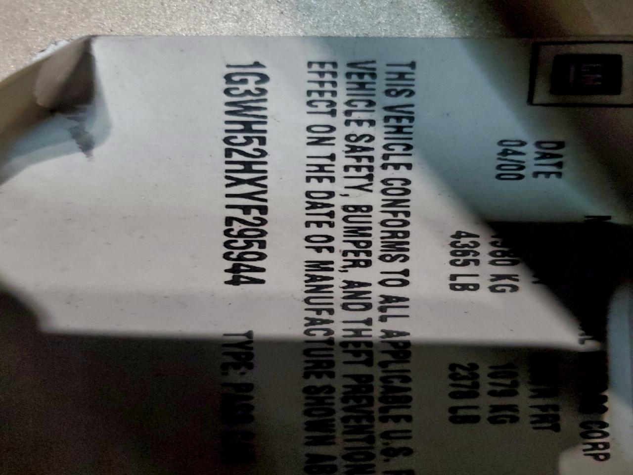 2000 Oldsmobile Intrigue Gx VIN: 1G3WH52HXYF295944 Lot: 95014495