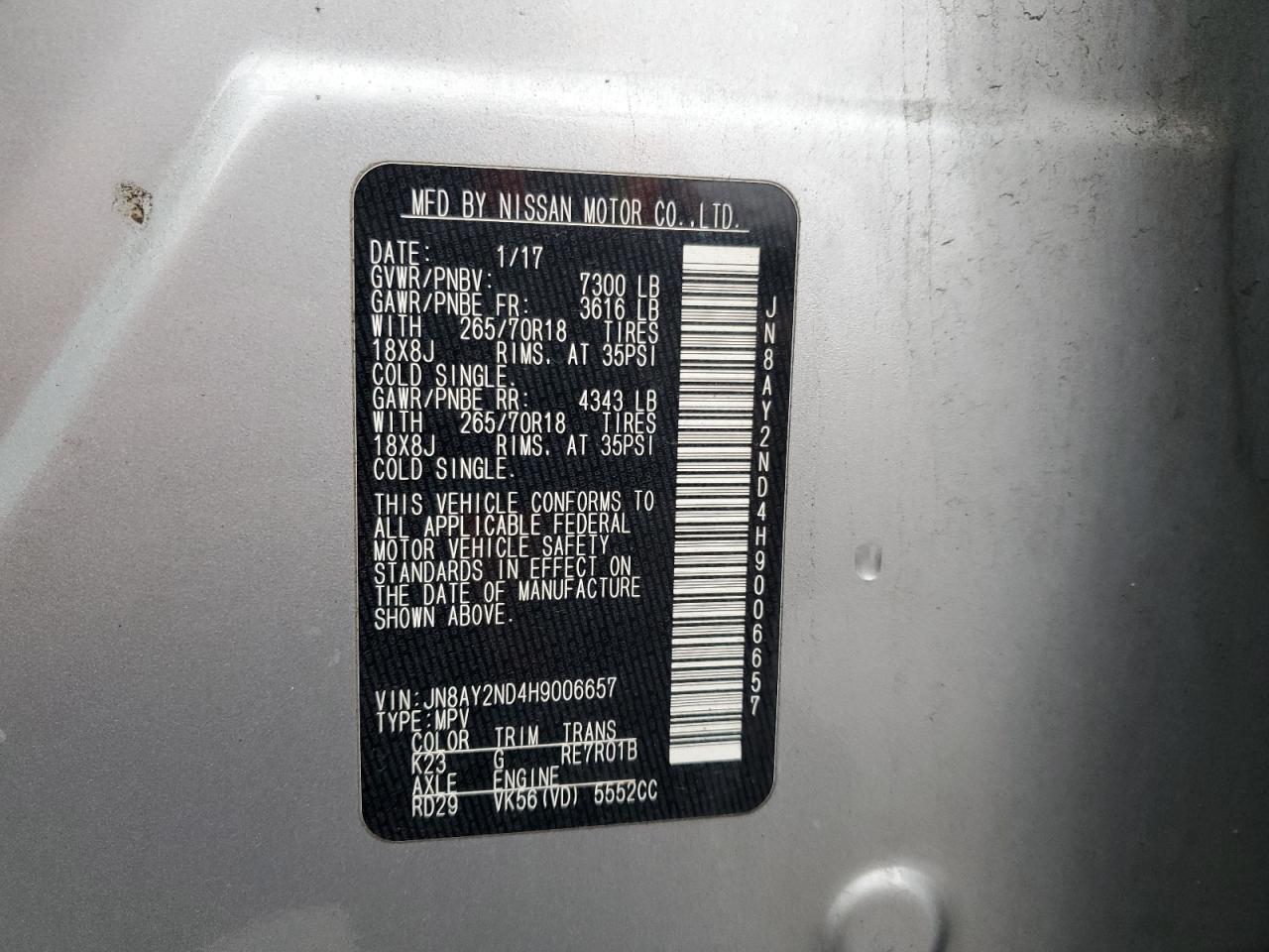 2017 Nissan Armada Sv VIN: JN8AY2ND4H9006657 Lot: 92365705