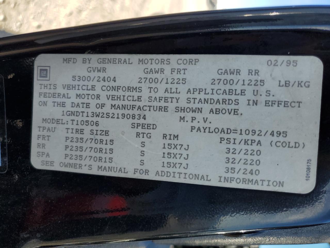 1995 Chevrolet Blazer VIN: 1GNDT13W2S2190834 Lot: 91210685