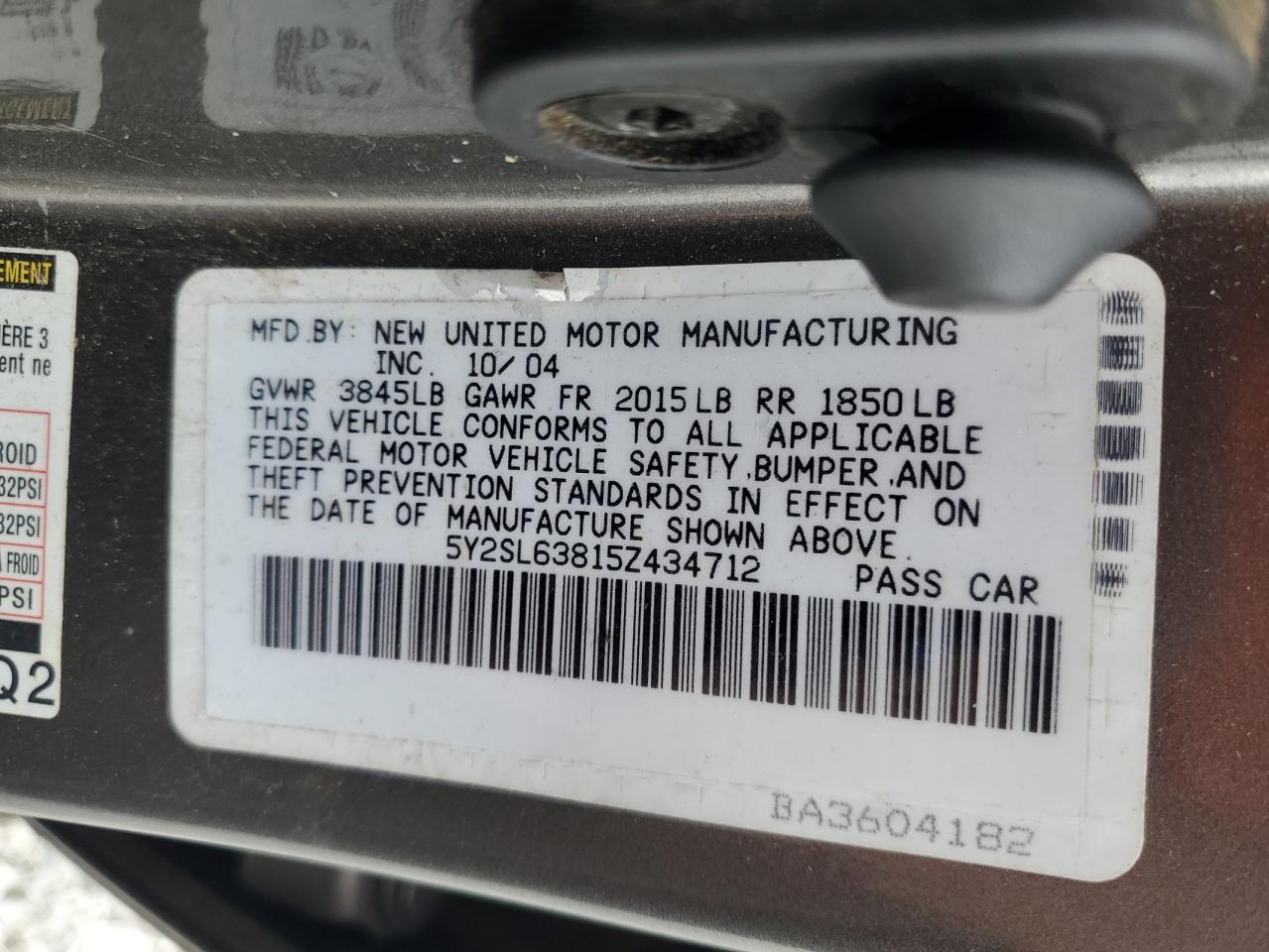 2005 Pontiac Vibe VIN: 5Y2SL63815Z434712 Lot: 91690015