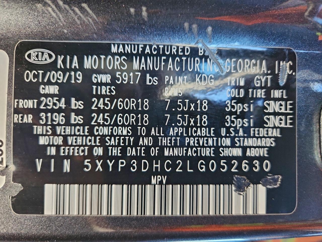 2020 Kia Telluride Ex VIN: 5XYP3DHC2LG052630 Lot: 93748075