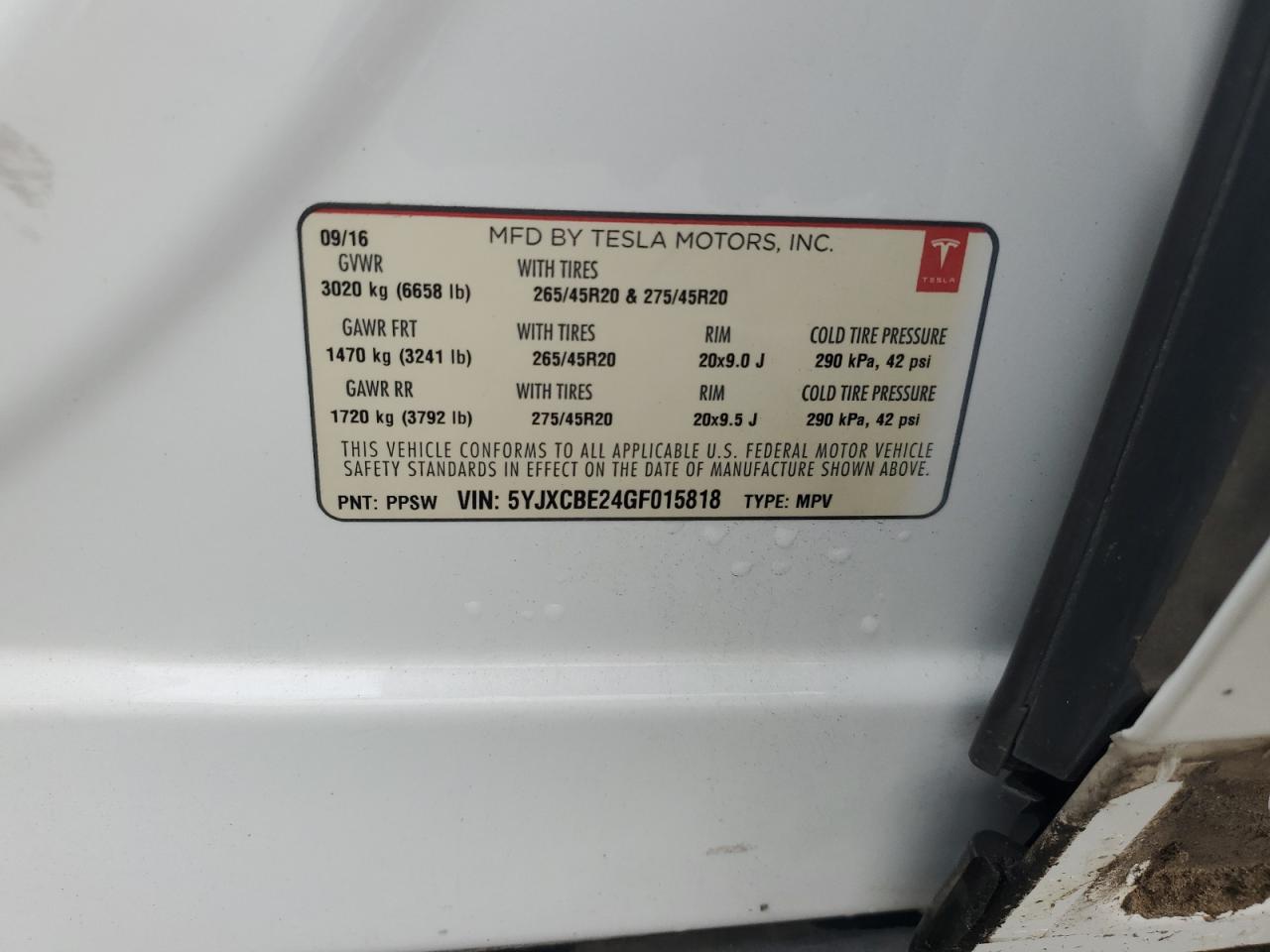 2016 Tesla Model X VIN: 5YJXCBE24GF015818 Lot: 93779255