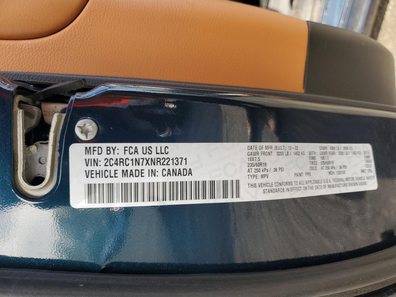 2022 Chrysler Pacifica Hybrid Pinnacle VIN: 2C4RC1N7XNR221371 Lot: 89469645