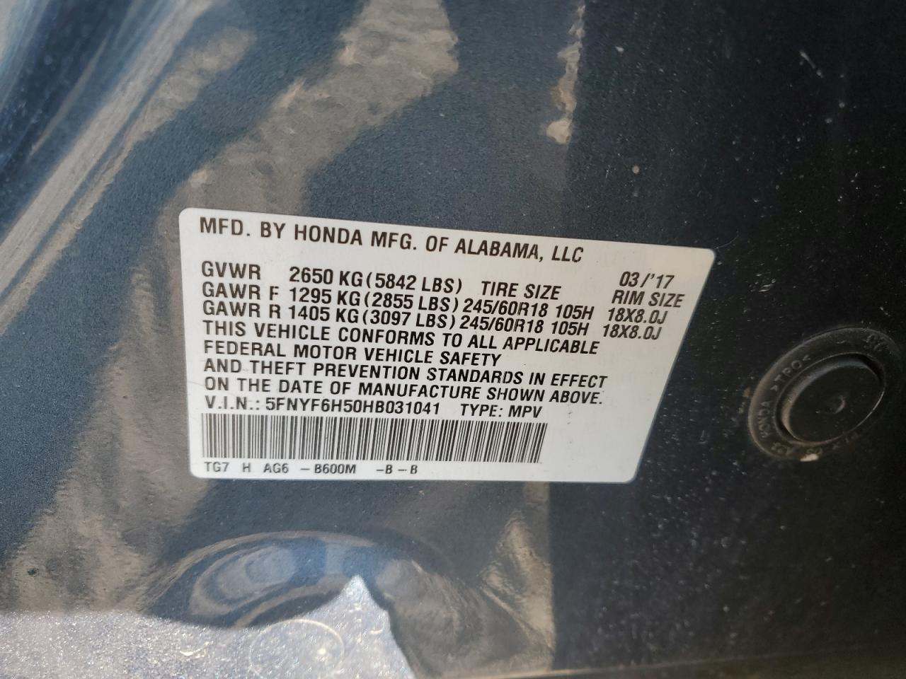 2017 Honda Pilot Exl VIN: 5FNYF6H50HB031041 Lot: 91016505