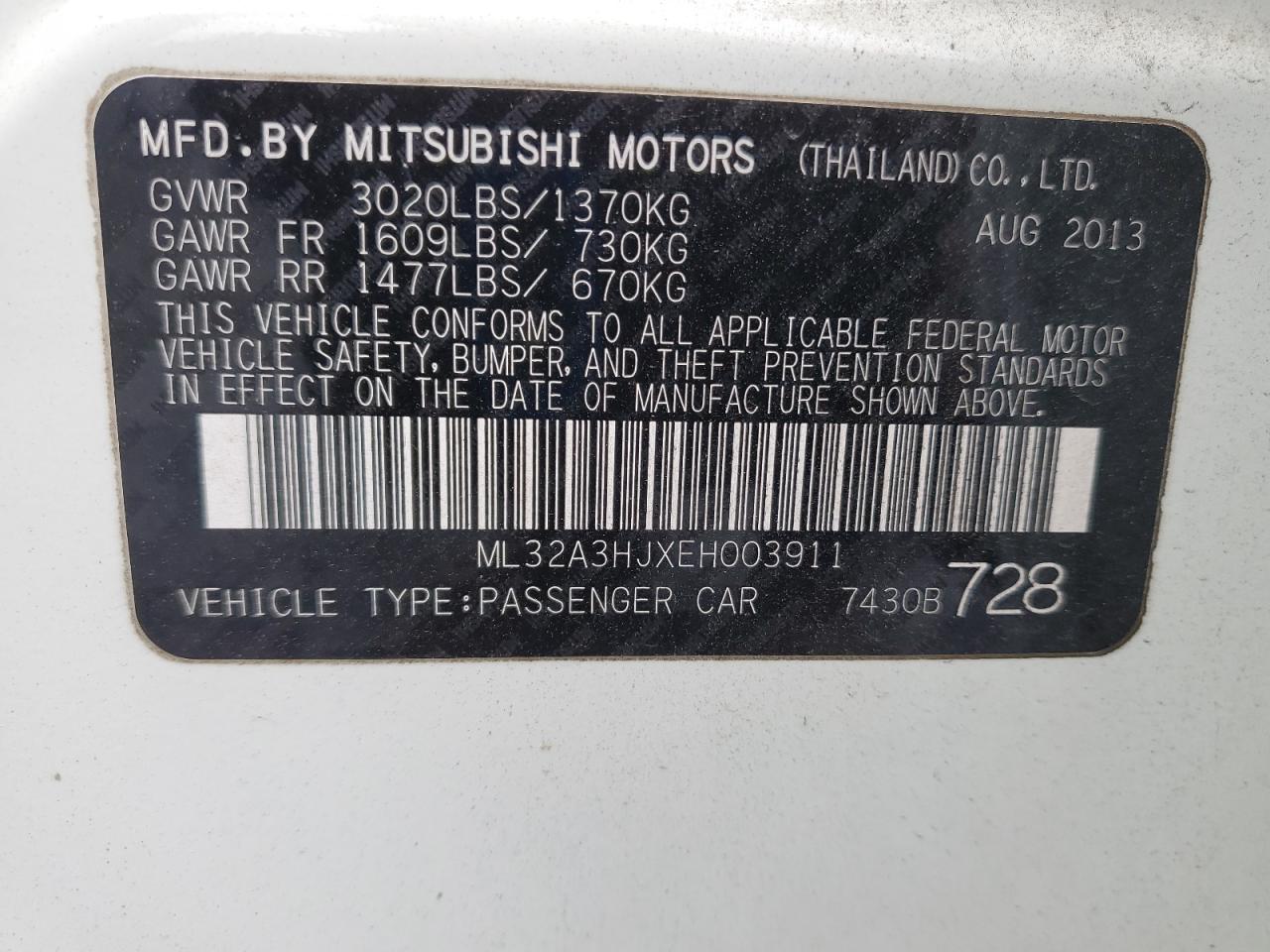 2014 Mitsubishi Mirage De VIN: ML32A3HJXEH003911 Lot: 92180565