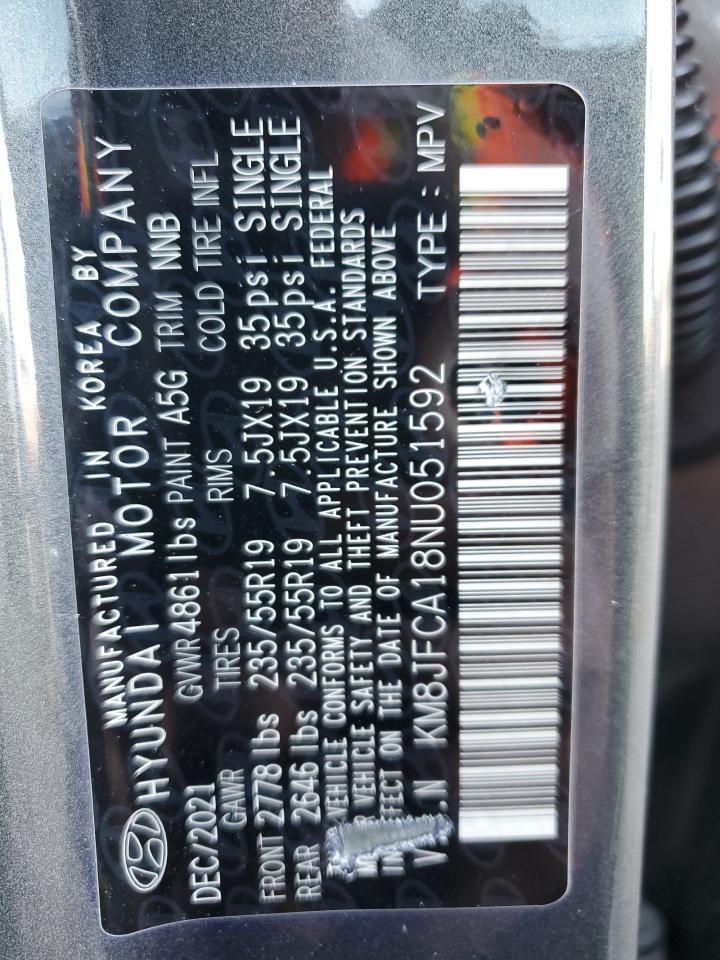 2022 Hyundai Tucson Sel Convenience VIN: KM8JFCA18NU051592 Lot: 92692875