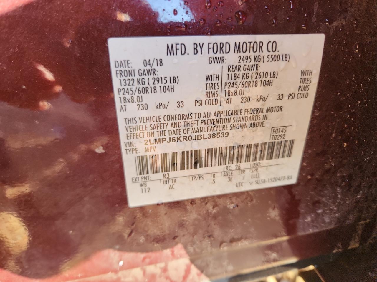 2018 Lincoln Mkx Select VIN: 2LMPJ6KR0JBL38539 Lot: 92474295