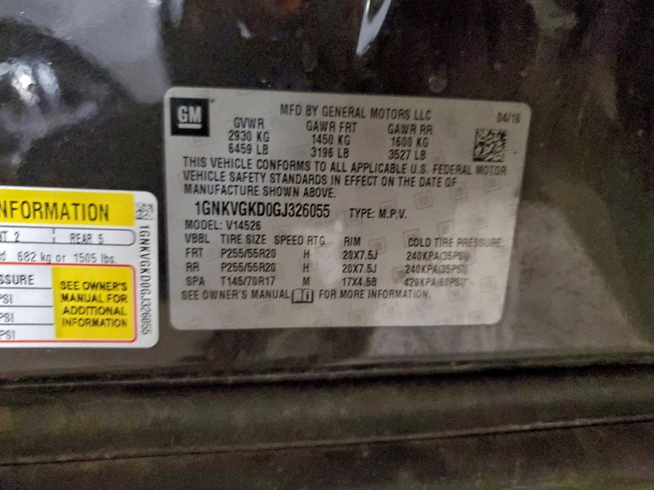 2016 Chevrolet Traverse Lt VIN: 1GNKVGKD0GJ326055 Lot: 94216385