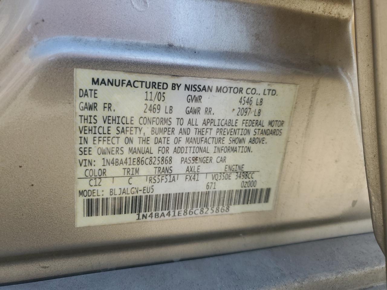 2006 Nissan Maxima Se VIN: 1N4BA41E86C825868 Lot: 91072255