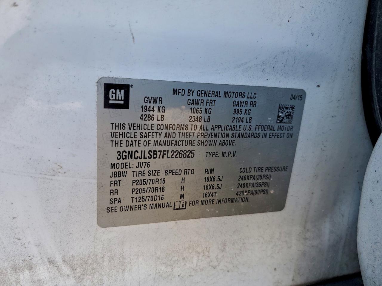 2015 Chevrolet Trax 1Lt VIN: 3GNCJLSB7FL226825 Lot: 93859965