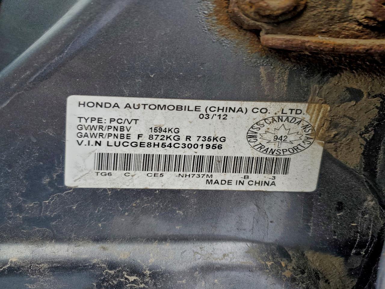 2012 Honda Fit Lx VIN: LUCGE8H54C3001956 Lot: 93658345