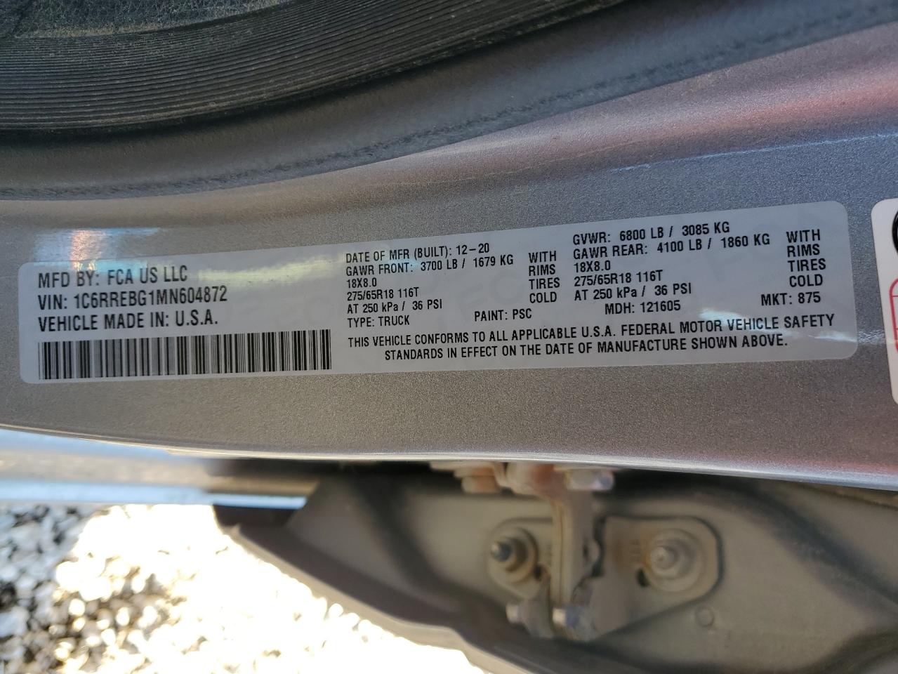 2021 Ram 1500 Big Horn/Lone Star VIN: 1C6RREBG1MN604872 Lot: 90223965