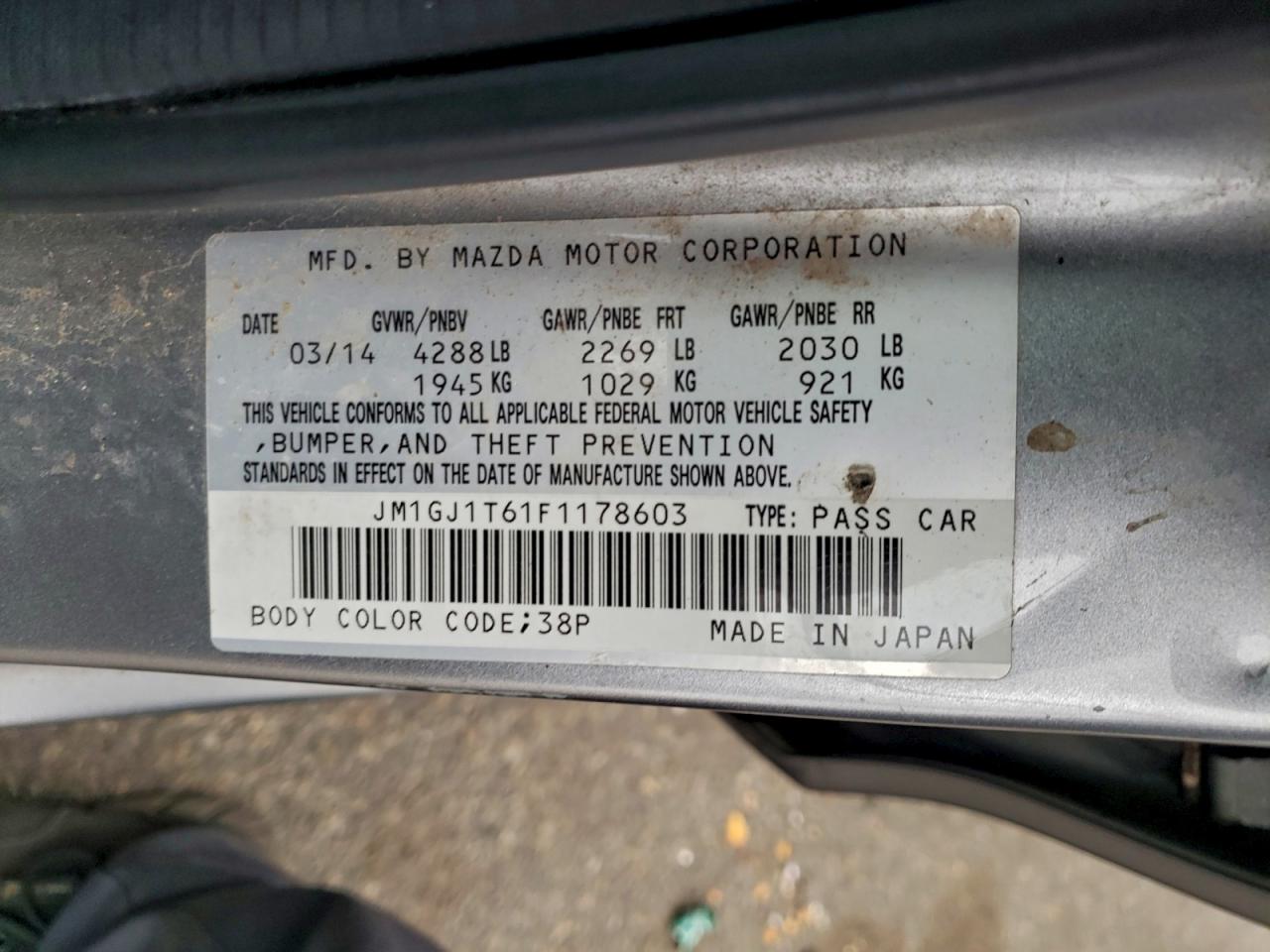 2015 Mazda 6 Touring VIN: JM1GJ1T61F1178603 Lot: 93317045