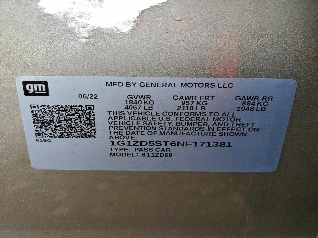 2022 Chevrolet Malibu Lt VIN: 1G1ZD5ST6NF171381 Lot: 93946225