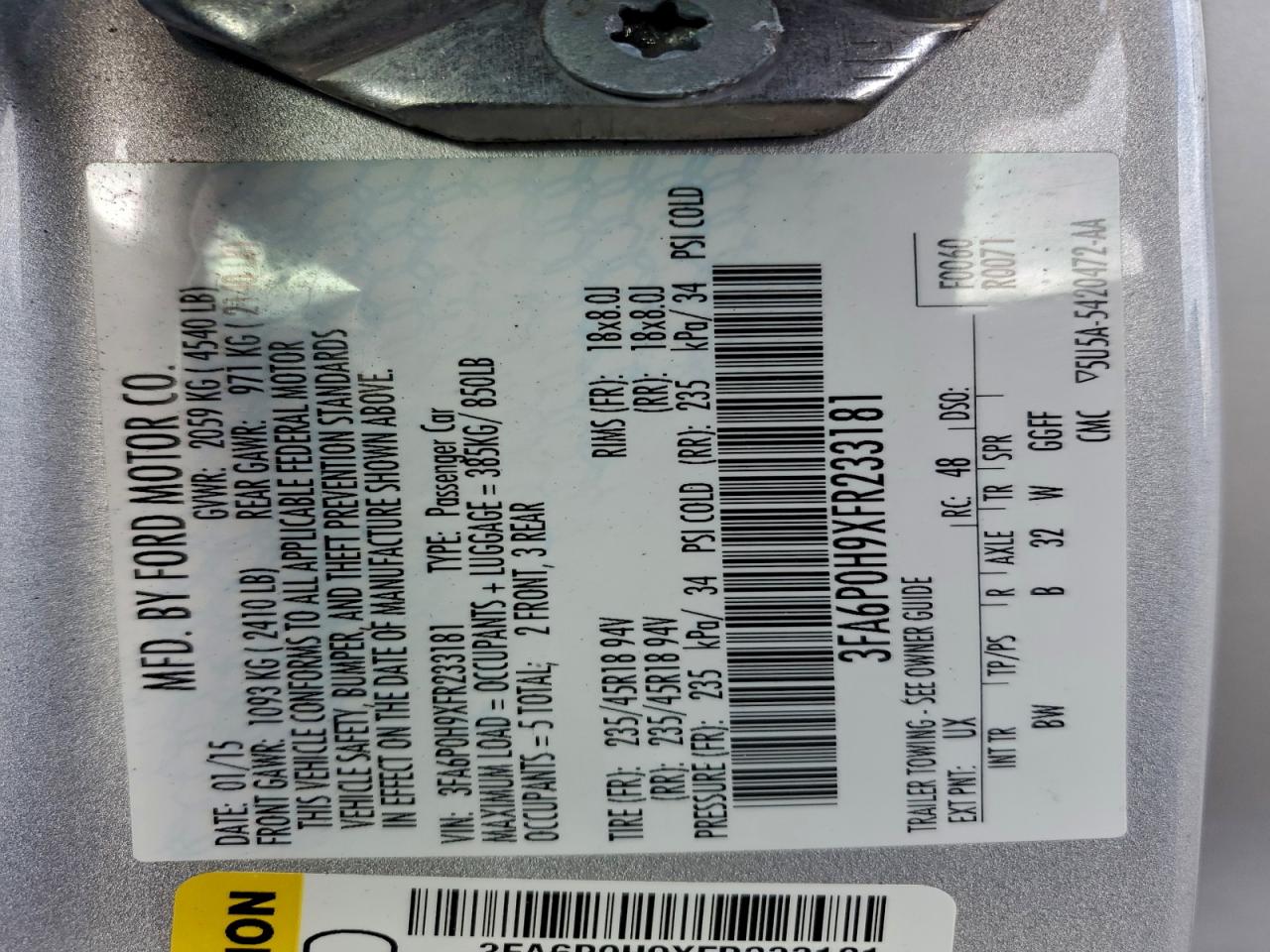 2015 Ford Fusion Se VIN: 3FA6P0H9XFR233181 Lot: 93844355