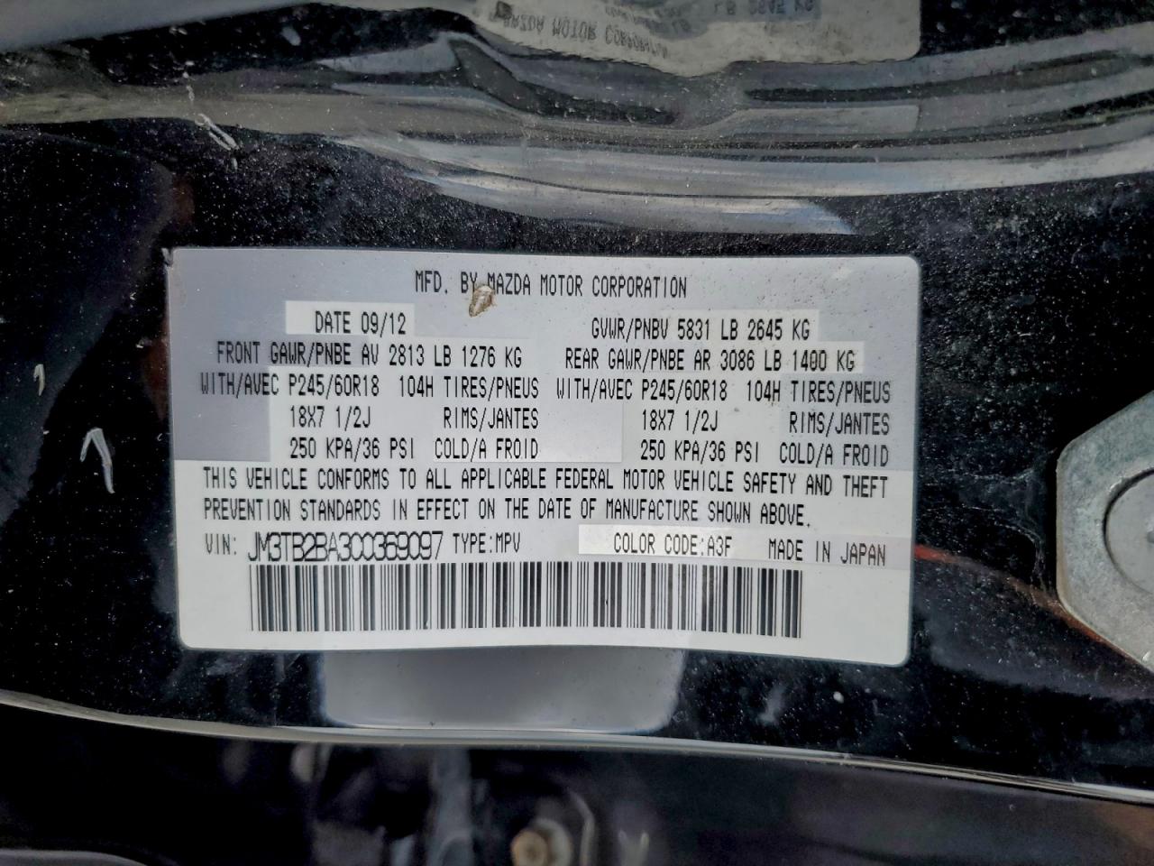 2012 Mazda Cx-9 VIN: JM3TB2BA3C0369097 Lot: 93778525