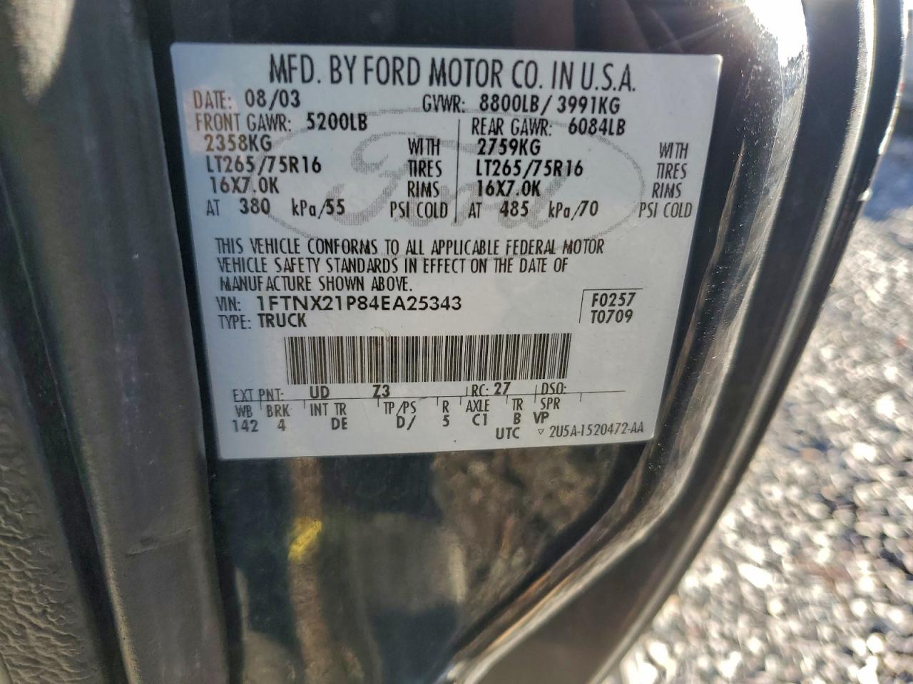 2004 Ford F250 Super Duty VIN: 1FTNX21P84EA25343 Lot: 93593275