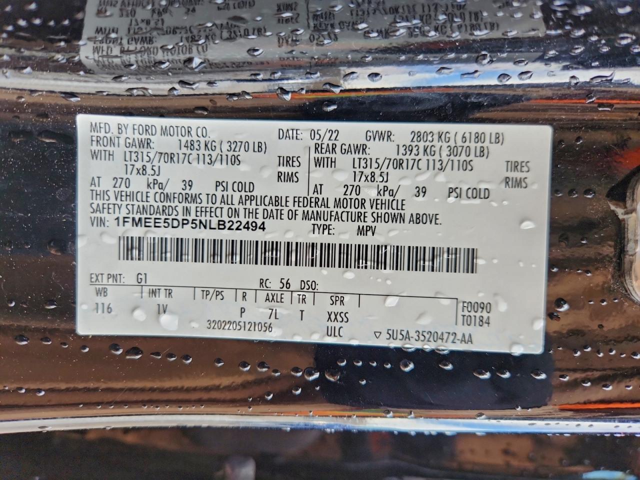 2022 Ford Bronco Base VIN: 1FMEE5DP5NLB22494 Lot: 94269465