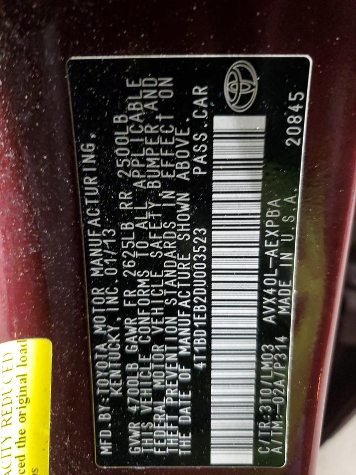 2013 Toyota Avalon Hybrid VIN: 4T1BD1EB2DU003523 Lot: 91114865