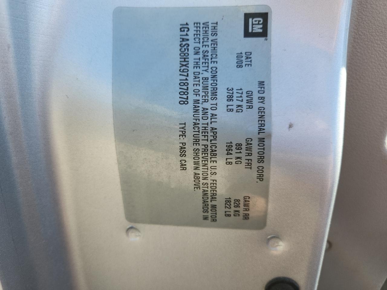 2009 Chevrolet Cobalt Ls VIN: 1G1AS58HX97187878 Lot: 91918715