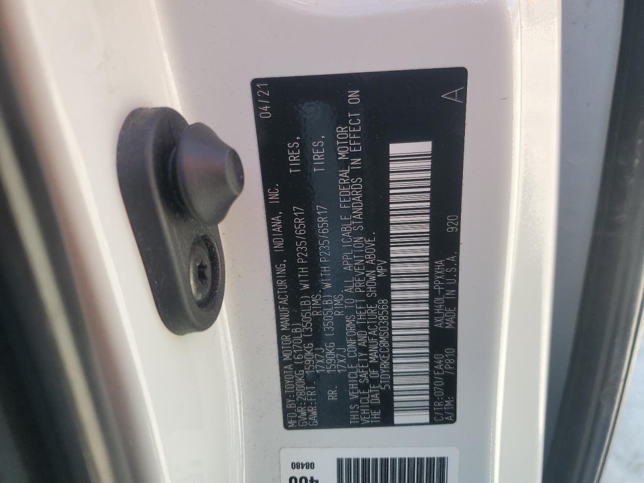 2021 Toyota Sienna Xle VIN: 5TDYRKEC8MS038568 Lot: 91347055