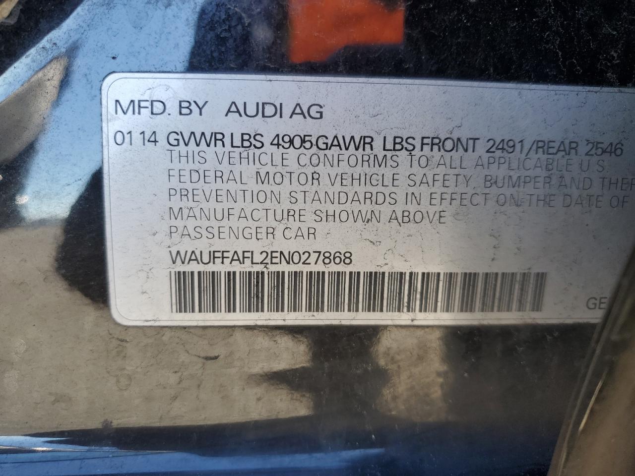 2014 Audi A4 Premium Plus VIN: WAUFFAFL2EN027868 Lot: 82718625