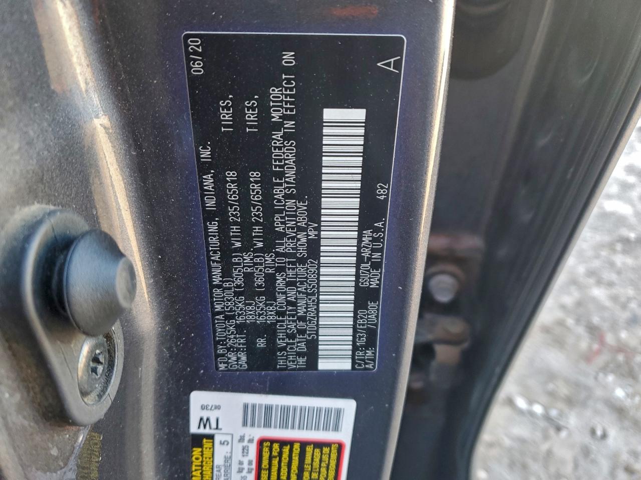 2020 Toyota Highlander Xle VIN: 5TDGZRAH5LS508902 Lot: 94415655