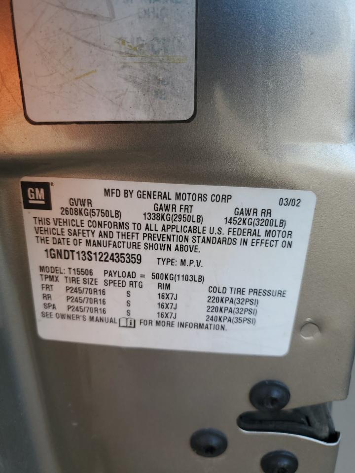 2002 Chevrolet Trailblazer VIN: 1GNDT13S122435359 Lot: 92839535