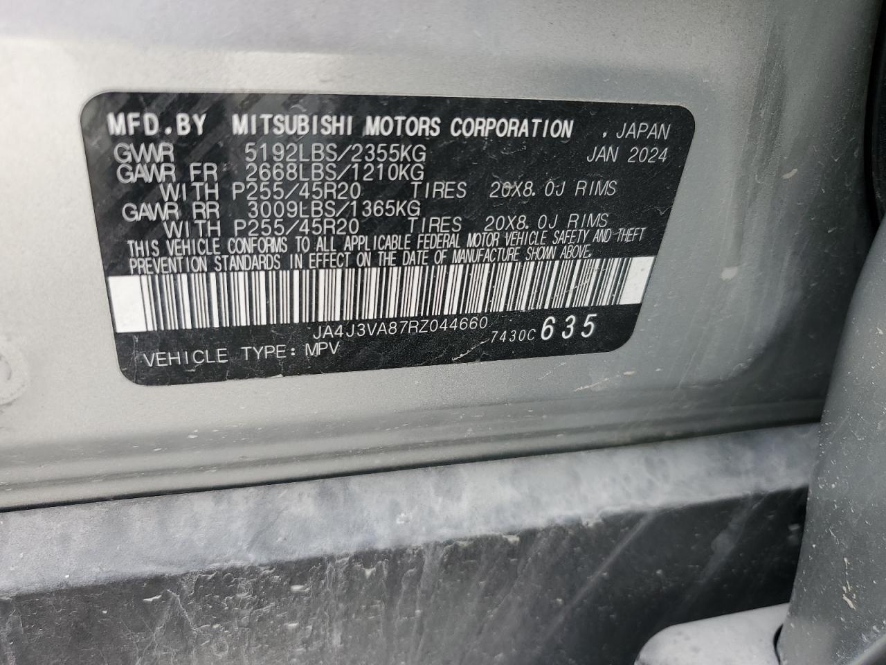 2024 Mitsubishi Outlander Se VIN: JA4J3VA87RZ044660 Lot: 91833325