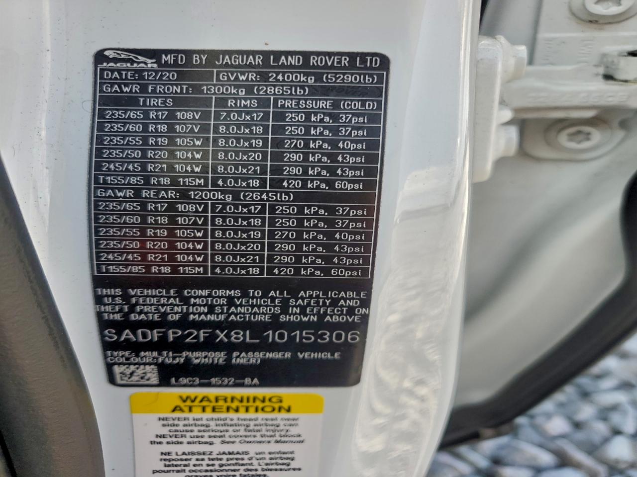 2020 Jaguar E-Pace Se VIN: SADFP2FX8L1015306 Lot: 93344345