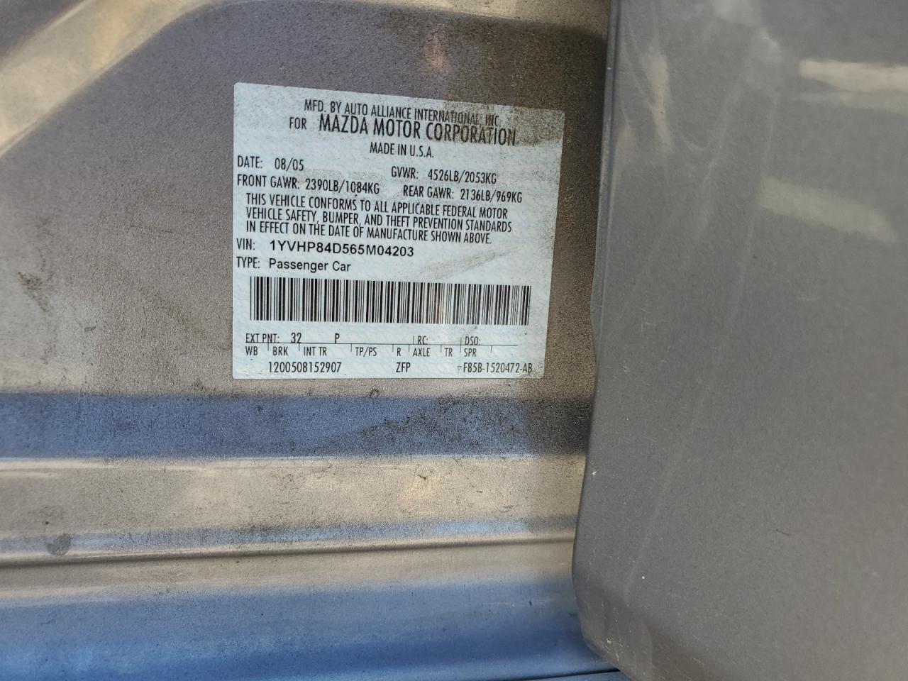 2006 Mazda 6 S VIN: 1YVHP84D565M04203 Lot: 91020525