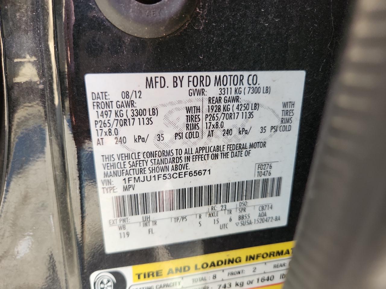 2012 Ford Expedition Xl VIN: 1FMJU1F53CEF65671 Lot: 93131775